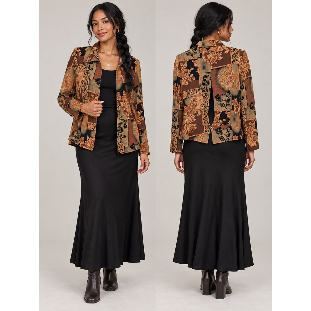 Boho Whimsigoth Art Y2K Old Money Brown Black Floral Slinky Tapestry 8 Jacket